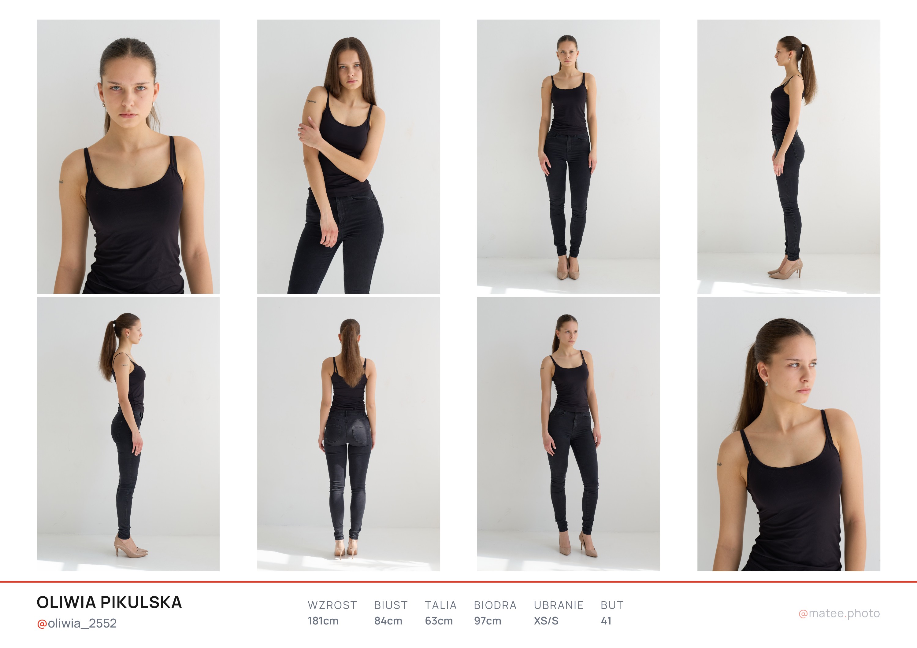 Poziomy comp card modelki Oliwii Pikulskiej: osiem digitali na jasnym tle (twarz, półpostać, cała sylwetka z przodu, z boku i z tyłu) oraz wymiary: wzrost 181 cm, biust 84, talia 63, biodra 97, rozmiar XS/S, but 41